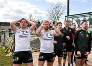 31 March 2024; Warwickshire players including Ian Dwyer, left, and Luke Hands, second from left, react during the Allianz Hurling League Division 3B Final match between Fermanagh and Warwickshire at St Joseph's Park in Ederney, Fermanagh. Photo by Sam Barnes/Sportsfile