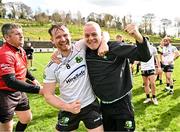 31 March 2024; Warwickshire manager Tony Joyce, right, and Kevin McKernan of Warwickshire celebrate after their side's victory in the Allianz Hurling League Division 3B Final match between Fermanagh and Warwickshire at St Joseph's Park in Ederney, Fermanagh. Photo by Sam Barnes/Sportsfile