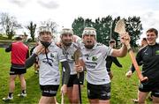 31 March 2024; Warwickshire players including, from left, Daniel Ryan, Ciaran McKeague and Noel Lenihan celebrate after their side's victory in the Allianz Hurling League Division 3B Final match between Fermanagh and Warwickshire at St Joseph's Park in Ederney, Fermanagh. Photo by Sam Barnes/Sportsfile