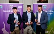 1 April 2024; University of Galway players, from left, Niall Collins, Gavin Lee and Eoin Lawless on the 2023 Electric Ireland GAA Higher Education Rising Stars Hurling Team of the Year during the 2024 Electric Ireland GAA Higher Education Rising Star Awards at the Castleknock Hotel in Dublin. Photo by David Fitzgerald/Sportsfile