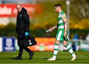 1 April 2024; Lee Grace of Shamrock Rovers leaves the pitch after picking up an injury during the SSE Airtricity Men's Premier Division match between Waterford and Shamrock Rovers at the Regional Sports Centre in Waterford. Photo by Tyler Miller/Sportsfile