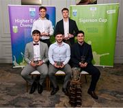 1 April 2024; UCD players, back row, from left, Donncha Gilmore, Jonathan Lynam and front row, from left, Dáire Cregg, David Garland and Aaron Lynch on the 2023 Electric Ireland GAA Higher Education Rising Stars Football Team of the Year during the 2024 Electric Ireland GAA Higher Education Rising Star Awards at the Castleknock Hotel in Dublin. Photo by David Fitzgerald/Sportsfile
