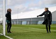 2 April 2024; Assistant coach Emma Byrne and goalkeeper Grace Moloney during a Republic of Ireland Women's training session at the FAI National Training Centre in Abbotstown, Dublin. Photo by Stephen McCarthy/Sportsfile