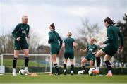 2 April 2024; Louise Quinn and Lucy Quinn, right, during a Republic of Ireland Women's training session at the FAI National Training Centre in Abbotstown, Dublin. Photo by Stephen McCarthy/Sportsfile