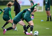 2 April 2024; Diane Caldwell is tackled by Amber Barrett during a Republic of Ireland Women's training session at the FAI National Training Centre in Abbotstown, Dublin. Photo by Stephen McCarthy/Sportsfile