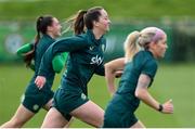 2 April 2024; Anna Patten and Denise O'Sullivan, right, during a Republic of Ireland Women's training session at the FAI National Training Centre in Abbotstown, Dublin. Photo by Stephen McCarthy/Sportsfile