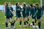 2 April 2024; Anna Patten and Abbie Larkin, right, during a Republic of Ireland Women's training session at the FAI National Training Centre in Abbotstown, Dublin. Photo by Stephen McCarthy/Sportsfile