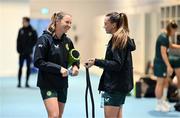 2 April 2024; Kyra Carusa, left, and Abbie Larkin during a Republic of Ireland Women's prehab session at the Sport Ireland Institute on the Sport Ireland Campus in Dublin. Photo by Stephen McCarthy/Sportsfile