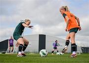 2 April 2024; Denise O'Sullivan, right, and Diane Caldwell during a Republic of Ireland Women's training session at the FAI National Training Centre in Abbotstown, Dublin. Photo by Stephen McCarthy/Sportsfile
