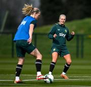 2 April 2024; Lily Agg and Diane Caldwell, left, during a Republic of Ireland Women's training session at the FAI National Training Centre in Abbotstown, Dublin. Photo by Stephen McCarthy/Sportsfile