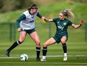 2 April 2024; Caitlin Hayes and Leanne Kiernan, right, during a Republic of Ireland Women's training session at the FAI National Training Centre in Abbotstown, Dublin. Photo by Stephen McCarthy/Sportsfile