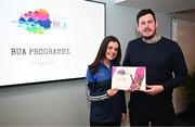 2 April 2024; Keeva Finlay of Ballyboden St Endas, Dublin, receives her BUA graduation certificate from LFGA head of volunteer development Niall Mulrine at the 2024 BUA graduation ceremony at Croke Park Stadium, Dublin. The BUA programme is a self-development initiative aimed at supporting young people in the Ladies Gaelic Football Association to develop leadership skills and qualities to benefit their communities. Photo by Harry Murphy/Sportsfile