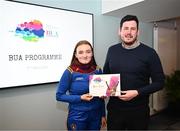 2 April 2024; Madison Stamper of Trinity Gaels, Dublin, receives her BUA graduation certificate from LFGA head of volunteer development Niall Mulrine at the 2024 BUA graduation ceremony at Croke Park Stadium, Dublin. The BUA programme is a self-development initiative aimed at supporting young people in the Ladies Gaelic Football Association to develop leadership skills and qualities to benefit their communities. Photo by Harry Murphy/Sportsfile