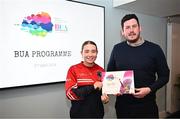 2 April 2024; Lainey Stokes, Oola, Limerick, receives her BUA graduation certificate from LFGA head of volunteer development Niall Mulrine at the 2024 BUA graduation ceremony at Croke Park Stadium, Dublin. The BUA programme is a self-development initiative aimed at supporting young people in the Ladies Gaelic Football Association to develop leadership skills and qualities to benefit their communities. Photo by Harry Murphy/Sportsfile