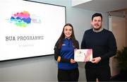 2 April 2024; Amy McCarney of Errigal Ciaran, Tyrone, receives her BUA graduation certificate from LFGA head of volunteer development Niall Mulrine at the 2024 BUA graduation ceremony at Croke Park Stadium, Dublin. The BUA programme is a self-development initiative aimed at supporting young people in the Ladies Gaelic Football Association to develop leadership skills and qualities to benefit their communities. Photo by Harry Murphy/Sportsfile