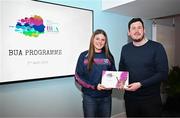 2 April 2024; Aine Keogh of Skryne, Meath, receives her BUA graduation certificate from LFGA head of volunteer development Niall Mulrine at the 2024 BUA graduation ceremony at Croke Park Stadium, Dublin. The BUA programme is a self-development initiative aimed at supporting young people in the Ladies Gaelic Football Association to develop leadership skills and qualities to benefit their communities. Photo by Harry Murphy/Sportsfile