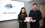2 April 2024; Caitlin Fitzpatrick of Mullaghbawn, Armagh, receives her BUA graduation certificate from LFGA head of volunteer development Niall Mulrine at the 2024 BUA graduation ceremony at Croke Park Stadium, Dublin. The BUA programme is a self-development initiative aimed at supporting young people in the Ladies Gaelic Football Association to develop leadership skills and qualities to benefit their communities. Photo by Harry Murphy/Sportsfile