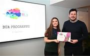 2 April 2024; Doireann Dwyer of Kilcummin, Kerry, receives her BUA graduation certificate from LFGA head of volunteer development Niall Mulrine at the 2024 BUA graduation ceremony at Croke Park Stadium, Dublin. The BUA programme is a self-development initiative aimed at supporting young people in the Ladies Gaelic Football Association to develop leadership skills and qualities to benefit their communities. Photo by Harry Murphy/Sportsfile