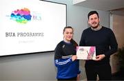 2 April 2024; Éinín Lawton of Cavan Gaels LGFA, Cavan, receives her BUA graduation certificate from LFGA head of volunteer development Niall Mulrine at the 2024 BUA graduation ceremony at Croke Park Stadium, Dublin. The BUA programme is a self-development initiative aimed at supporting young people in the Ladies Gaelic Football Association to develop leadership skills and qualities to benefit their communities. Photo by Harry Murphy/Sportsfile