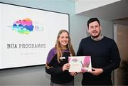 2 April 2024; Imogen Knight of Derrygonnelly Harps, Fermanagh, receives her BUA graduation certificate from LFGA head of volunteer development Niall Mulrine at the 2024 BUA graduation ceremony at Croke Park Stadium, Dublin. The BUA programme is a self-development initiative aimed at supporting young people in the Ladies Gaelic Football Association to develop leadership skills and qualities to benefit their communities. Photo by Harry Murphy/Sportsfile