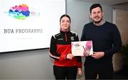 2 April 2024; Katie Fulham of Swinford Killasser, Mayo, eceives her BUA graduation certificate from LFGA head of volunteer development Niall Mulrine at the 2024 BUA graduation ceremony at Croke Park Stadium, Dublin. The BUA programme is a self-development initiative aimed at supporting young people in the Ladies Gaelic Football Association to develop leadership skills and qualities to benefit their communities. Photo by Harry Murphy/Sportsfile