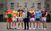 3 April 2024; In attendance at the launch of the 2024 Leinster GAA Senior Hurling Championships in the National Museum of Ireland Dublin are, Chairman of the Leinster Council Derek Kent, with players, from left, Kevin McDonald of Carlow, Eoghan Campbell of Antrim, Walter Walsh of Kilkenny, Lee Chin of Wexford, Dónal Burke of Dublin and Conor Cooney of Galway. Photo by Brendan Moran/Sportsfile