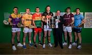 3 April 2024; In attendance at the launch of the 2024 Leinster GAA Senior Hurling Championships in the National Museum of Ireland Dublin are, Chairman of the Leinster Council Derek Kent, with players, from left, Lee Chin of Wexford, Eoghan Campbell of Antrim, Kevin McDonald of Carlow, Walter Walsh of Kilkenny, Conor Cooney of Galway and Dónal Burke of Dublin. Photo by Brendan Moran/Sportsfile