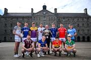 3 April 2024; In attendance at the launch of the 2024 Leinster GAA Senior Football Championships in the National Museum of Ireland Dublin, are Chairman of the Leinster Council Derek Kent, with players, back, from left, Sean Brennan of Meath, Evan O'Carroll of Laois, Liam Coleman of Wexford, Kevin O’Callaghan of Kildare, Patrick O'Keane of Wicklow, Sam Mulroy of Louth and Cian Murphy of Dublin, with front, from left, James Dolan of Westmeath, Paddy Fox of Longford, Conor Crowley of Carlow and Lee Pearson of Offaly. Photo by Brendan Moran/Sportsfile