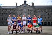 3 April 2024; In attendance at the launch of the 2024 Leinster GAA Senior Football Championships in the National Museum of Ireland Dublin, are players, back, from left, Sean Brennan of Meath, Evan O'Carroll of Laois, Liam Coleman of Wexford, Kevin O’Callaghan of Kildare, Patrick O'Keane of Wicklow, Sam Mulroy of Louth and Cian Murphy of Dublin, with front, from left, James Dolan of Westmeath, Paddy Fox of Longford, Conor Crowley of Carlow and Lee Pearson of Offaly. Photo by Brendan Moran/Sportsfile