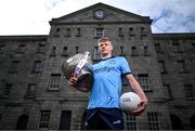 3 April 2024; Cian Murphy of Dublin poses for a portrait with the Delaney Cup at the launch of the 2024 Leinster GAA Senior Football Championship, in the National Museum of Ireland Dublin. Photo by Brendan Moran/Sportsfile