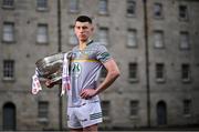 3 April 2024; Sean Brennan of Meath poses for a portrait with the Delaney Cup at the launch of the 2024 Leinster GAA Senior Football Championship, in the National Museum of Ireland Dublin. Photo by Brendan Moran/Sportsfile