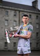 3 April 2024; Sean Brennan of Meath poses for a portrait with the Delaney Cup at the launch of the 2024 Leinster GAA Senior Football Championship, in the National Museum of Ireland Dublin. Photo by Brendan Moran/Sportsfile