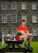 3 April 2024; Conor Crowley of Carlow poses for a portrait with the Delaney Cup at the launch of the 2024 Leinster GAA Senior Football Championship, in the National Museum of Ireland Dublin. Photo by Brendan Moran/Sportsfile