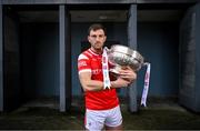 3 April 2024; Sam Mulroy of Louth poses for a portrait with the Delaney Cup at the launch of the 2024 Leinster GAA Senior Football Championship, in the National Museum of Ireland Dublin. Photo by Brendan Moran/Sportsfile