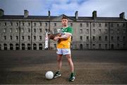 3 April 2024; Lee Pearson of Offaly poses for a portrait with the Delaney Cup at the launch of the 2024 Leinster GAA Senior Football Championship, in the National Museum of Ireland Dublin. Photo by Brendan Moran/Sportsfile