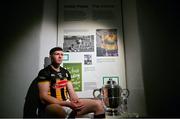 3 April 2024; Walter Walsh of Kilkenny poses for a portrait with the Bob O'Keeffe cup at the 'GAA; People, Objects & Stories' exhibition during the launch of the 2024 Leinster GAA Senior Hurling Championship in the National Museum of Ireland in Dublin. Photo by Brendan Moran/Sportsfile