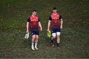3 April 2024; Darragh McSweeney, left, and Evan O'Connell arrive for Munster rugby squad training at University of Limerick in Limerick. Photo by Piaras Ó Mídheach/Sportsfile