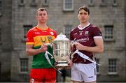 3 April 2024; Kevin McDonald of Carlow, left, and Conor Cooney of Galway with the Bob O'Keeffe cup at the Launch of the 2024 Leinster GAA Senior Hurling Championship, in the National Museum of Ireland in Dublin. Photo by Brendan Moran/Sportsfile