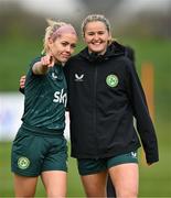 3 April 2024; Denise O'Sullivan, left, and Erin McLaughlin during a Republic of Ireland Women's training session at the FAI National Training Centre in Abbotstown, Dublin. Photo by Stephen McCarthy/Sportsfile