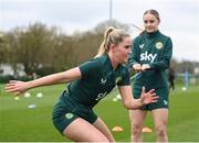 3 April 2024; Jessie Stapleton and Izzy Atkinson, right, during a Republic of Ireland Women's training session at the FAI National Training Centre in Abbotstown, Dublin. Photo by Stephen McCarthy/Sportsfile