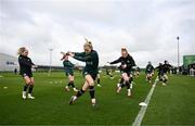 3 April 2024; Diane Caldwell and Leanne Kiernan, left, during a Republic of Ireland Women's training session at the FAI National Training Centre in Abbotstown, Dublin. Photo by Stephen McCarthy/Sportsfile