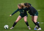 3 April 2024; Megan Connolly, left, and Anna Patten during a Republic of Ireland Women's training session at the FAI National Training Centre in Abbotstown, Dublin. Photo by Stephen McCarthy/Sportsfile