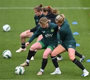 3 April 2024; Aoife Mannion is tackled by Erin McLaughlin during a Republic of Ireland Women's training session at the FAI National Training Centre in Abbotstown, Dublin. Photo by Stephen McCarthy/Sportsfile