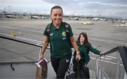 3 April 2024; Katie McCabe of Republic of Ireland at Dublin Airport ahead of the team's departure for their 2025 UEFA Women's European Championship Qualifier match against France, on Friday. Photo by Stephen McCarthy/Sportsfile