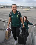 3 April 2024; Katie McCabe of Republic of Ireland at Dublin Airport ahead of the team's departure for their 2025 UEFA Women's European Championship Qualifier match against France, on Friday. Photo by Stephen McCarthy/Sportsfile