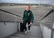 3 April 2024; Amber Barrett of Republic of Ireland at Dublin Airport ahead of the team's departure for their 2025 UEFA Women's European Championship Qualifier match against France, on Friday. Photo by Stephen McCarthy/Sportsfile