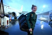3 April 2024; Emily Murphy of Republic of Ireland at Luxembourg Airport on the team's arrival for their 2025 UEFA Women's European Championship Qualifier match against France, on Friday in Metz, France. Photo by Stephen McCarthy/Sportsfile