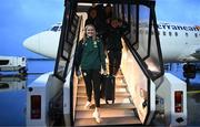 3 April 2024; Erin McLaughlin of Republic of Ireland at Luxembourg Airport on the team's arrival for their 2025 UEFA Women's European Championship Qualifier match against France, on Friday in Metz, France. Photo by Stephen McCarthy/Sportsfile