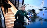3 April 2024; Jessie Stapleton of Republic of Ireland at Luxembourg Airport on the team's arrival for their 2025 UEFA Women's European Championship Qualifier match against France, on Friday in Metz, France. Photo by Stephen McCarthy/Sportsfile