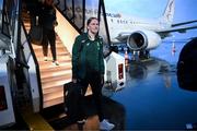 3 April 2024; Courtney Brosnan of Republic of Ireland at Luxembourg Airport on the team's arrival for their 2025 UEFA Women's European Championship Qualifier match against France, on Friday in Metz, France. Photo by Stephen McCarthy/Sportsfile